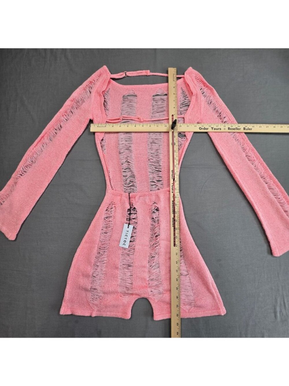 Tic Toc Small Womens Pink Distressed Knit Long Sleeve Mini Romper Sheer Bodycon - Picture 5 of 5